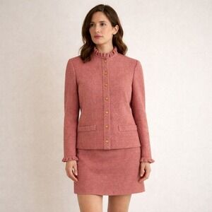 Vintage 70s 80s Castleberry Cardigan Skirt Set Size 8 Pink Knit Ruffle‎ Classy